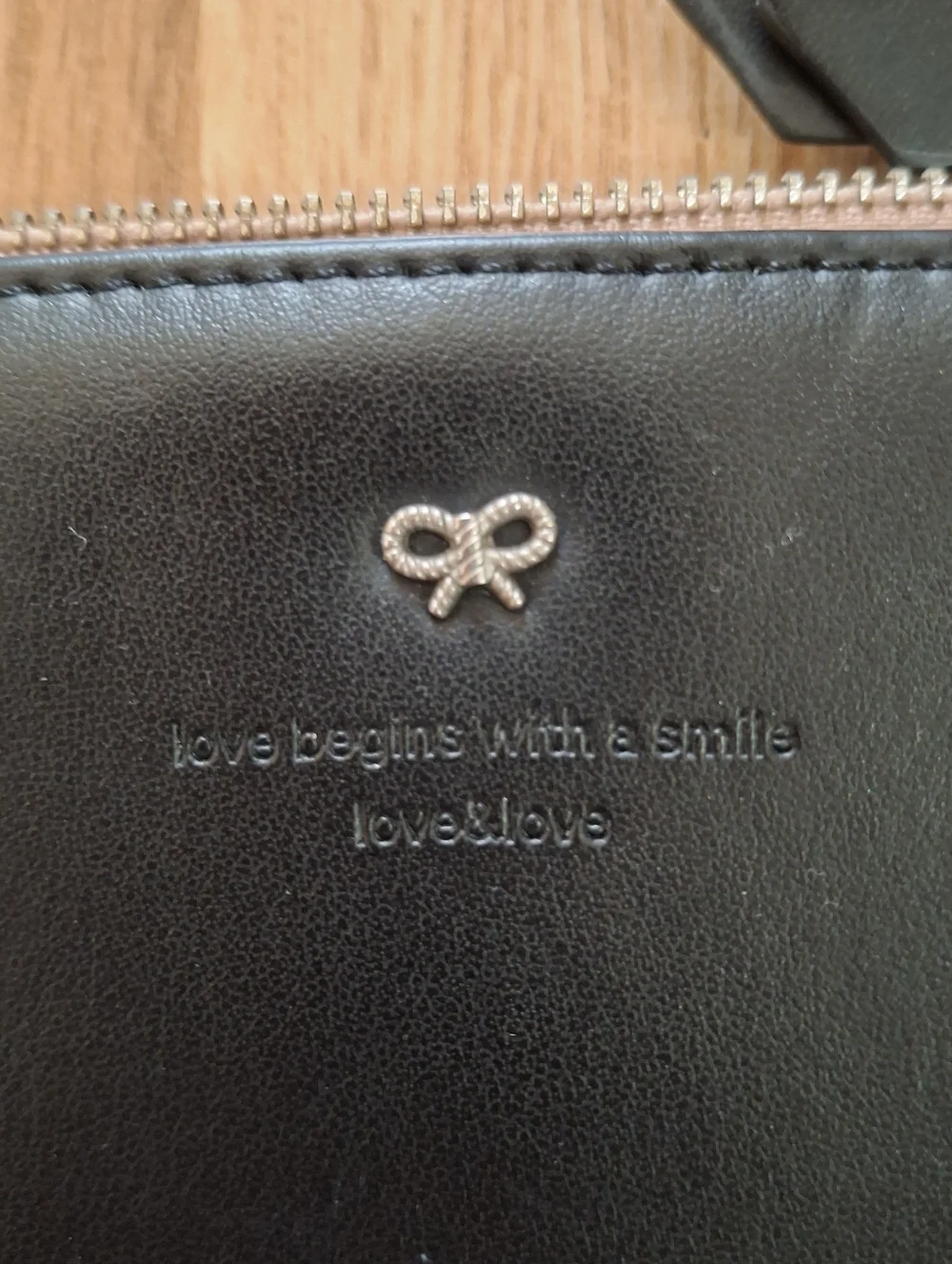 Miniso Black Zip Wallet with Tiny Bow Detail And Cute Saying Vegan Leather